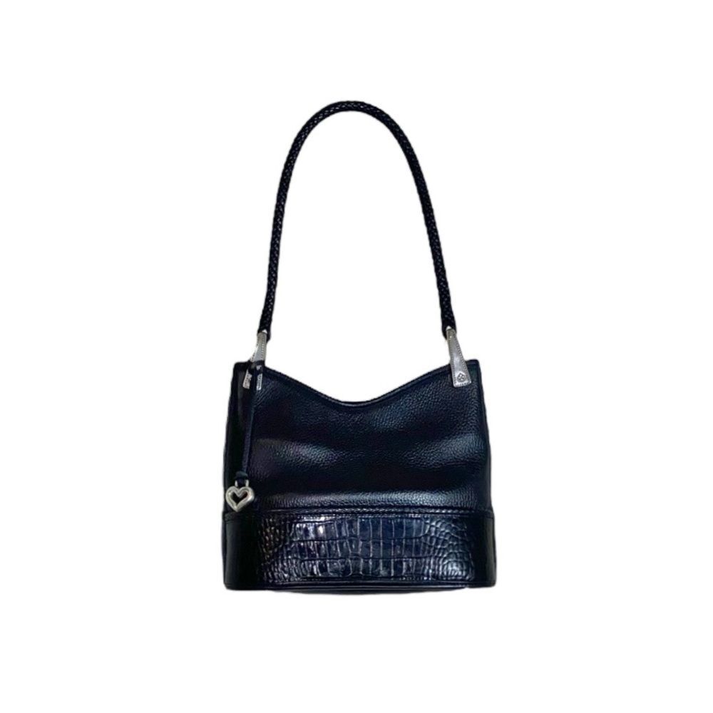 Brighton VTG 90s Y2K Gina Black Pebbled Leather Handbag Croc Embossed Trim Purse